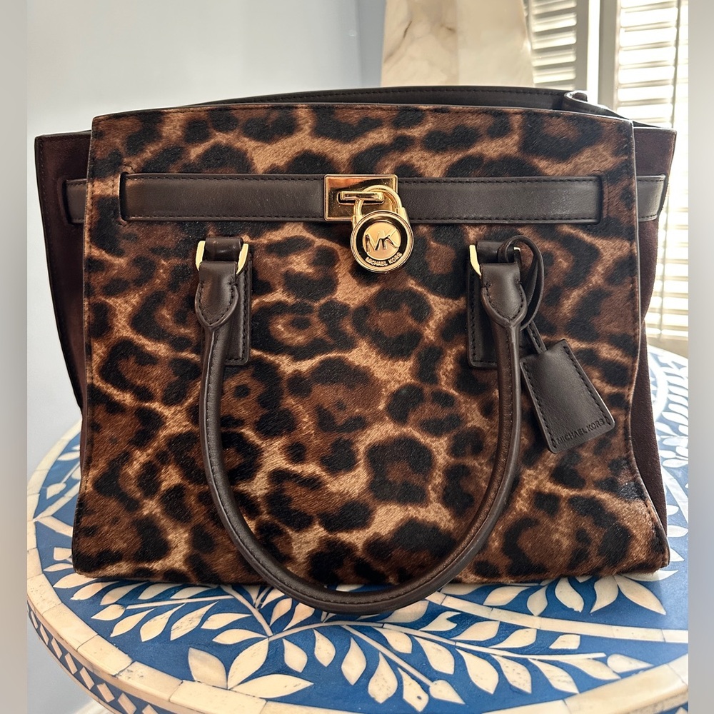 Michael Kors Hamilton Leopard Calf Hair and Suede Handbag
